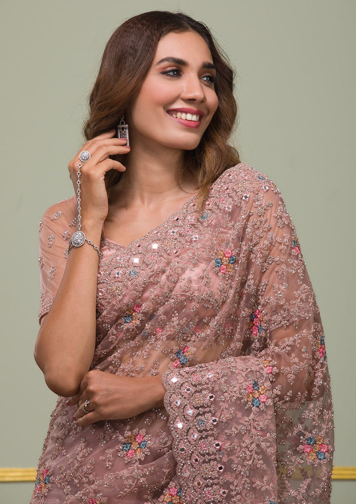 Onion Pink Stonework Net Saree-Koskii