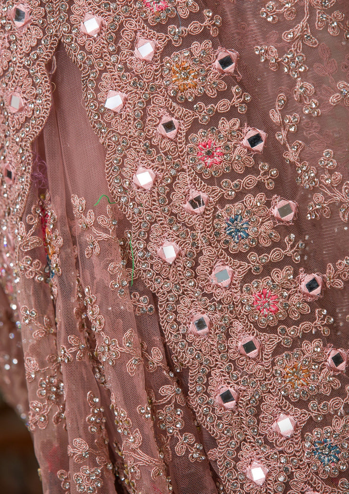 Onion Pink Stonework Net Saree-Koskii