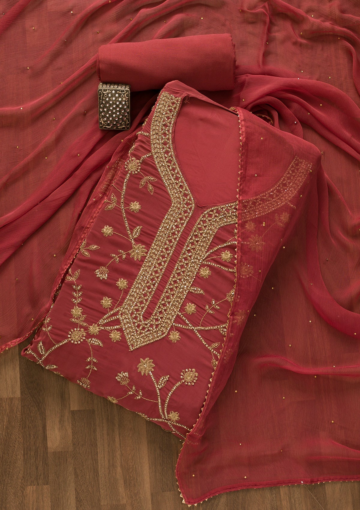 Onion Pink Stonework Organza Unstitched Salwar Kameez-Koskii
