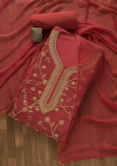 Onion Pink Stonework Organza Unstitched Salwar Kameez-Koskii