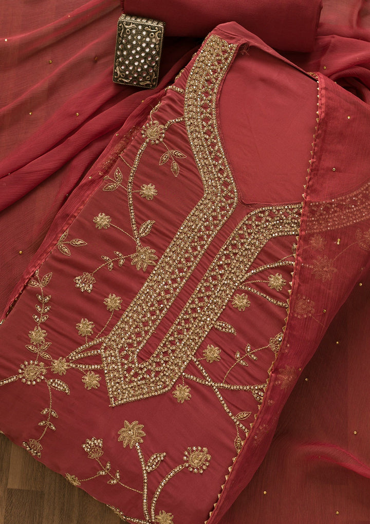 Onion Pink Stonework Organza Unstitched Salwar Kameez-Koskii