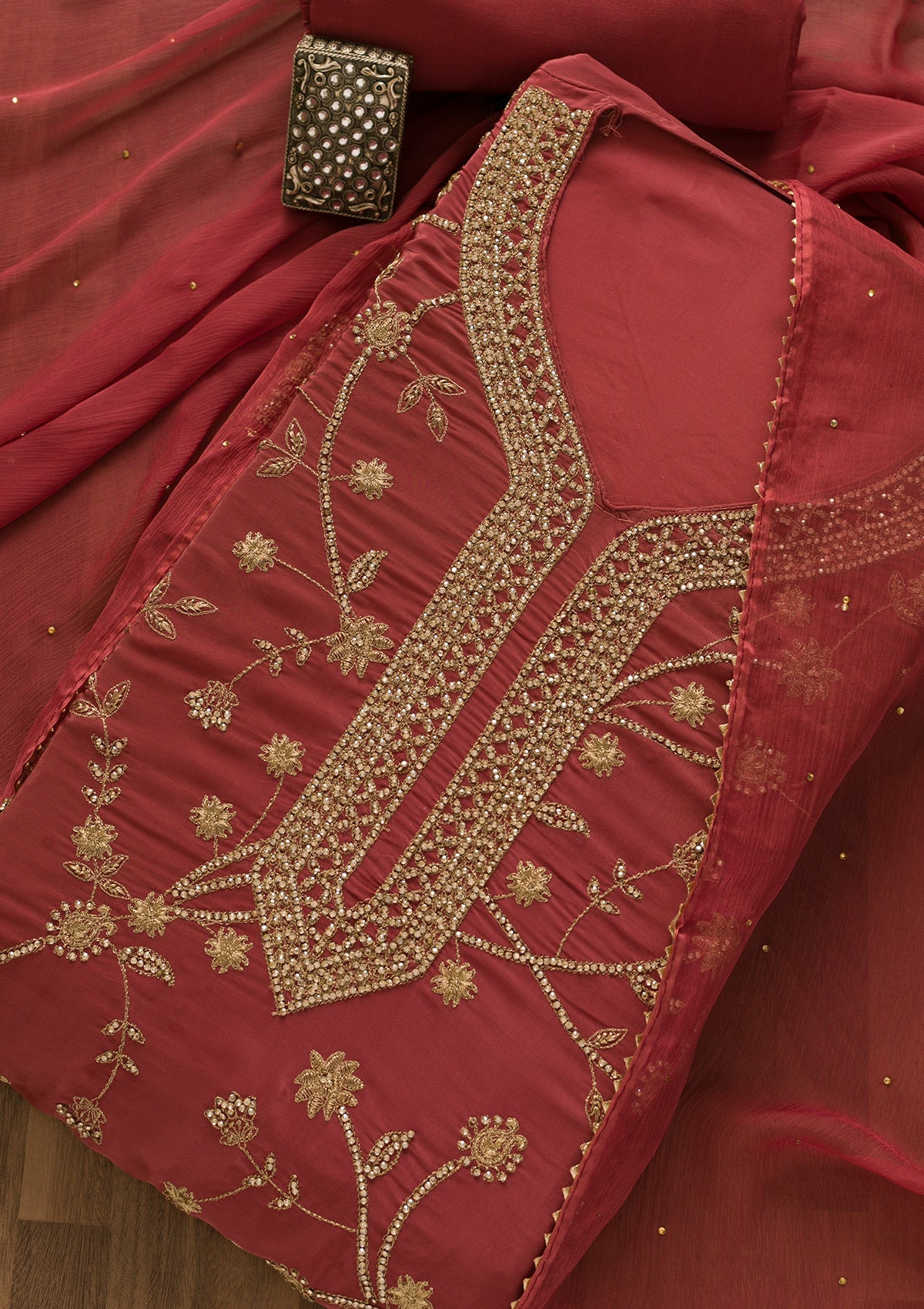 Onion Pink Stonework Organza Unstitched Salwar Kameez-Koskii