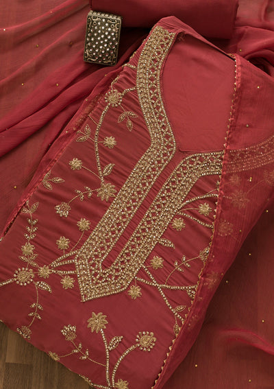 Onion Pink Stonework Organza Unstitched Salwar Kameez-Koskii