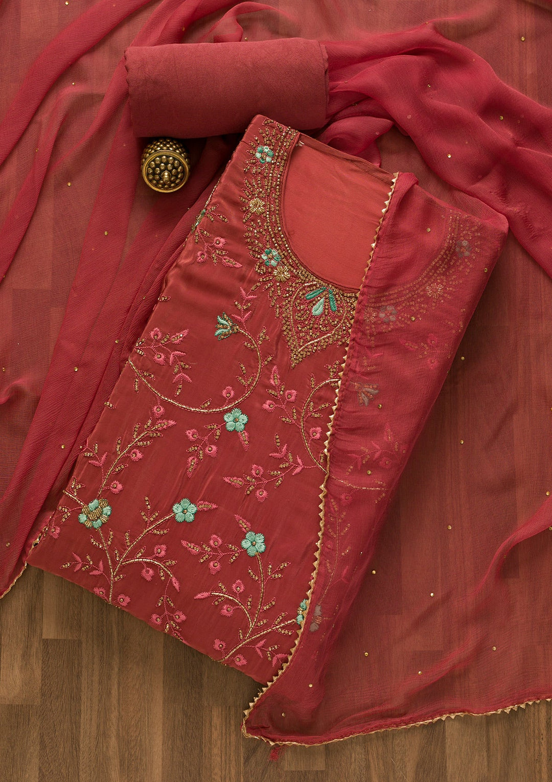 Onion Pink Stonework Semi Crepe Unstitched Salwar Kameez-Koskii