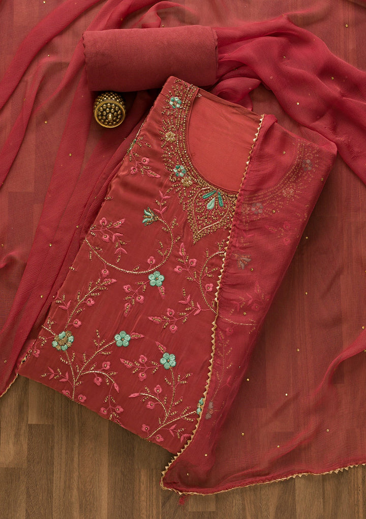 Onion Pink Stonework Semi Crepe Unstitched Salwar Kameez-Koskii
