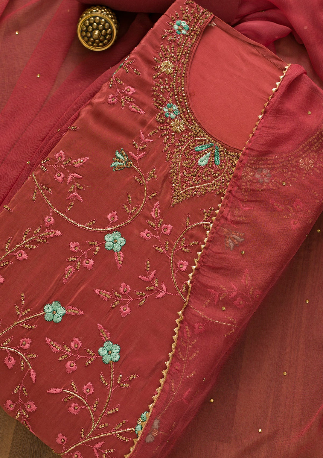 Onion Pink Stonework Semi Crepe Unstitched Salwar Kameez-Koskii