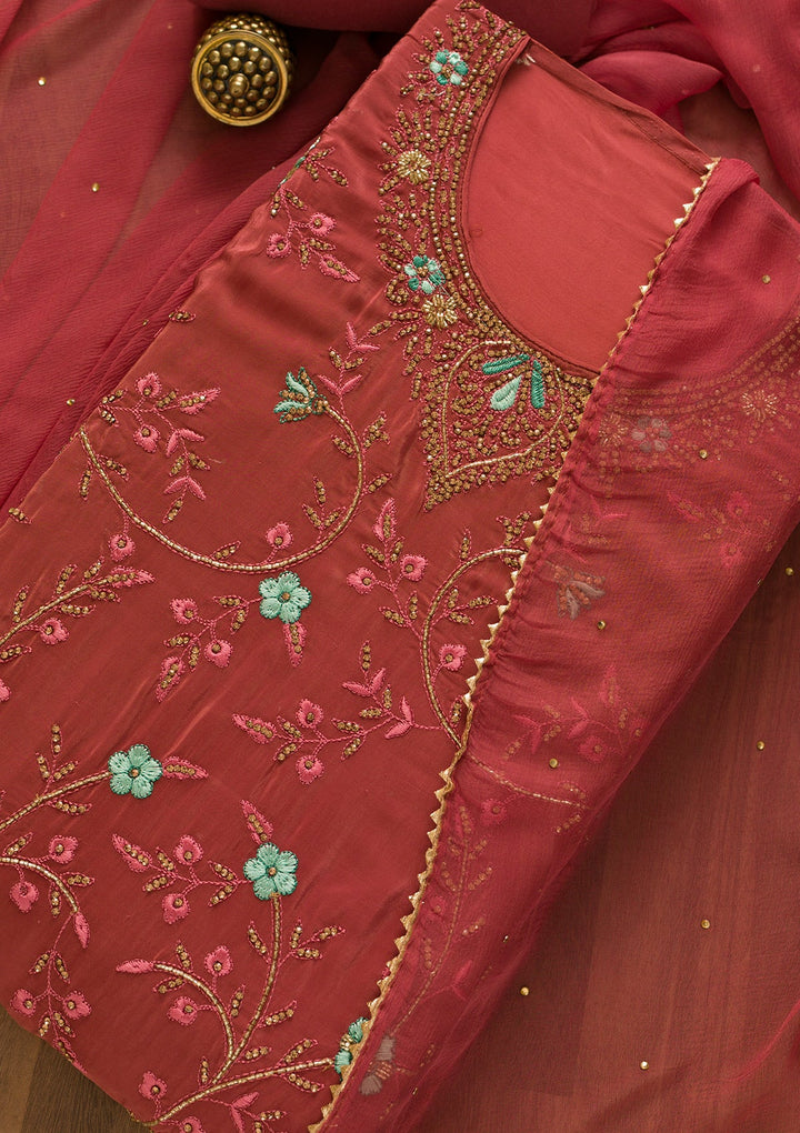 Onion Pink Stonework Semi Crepe Unstitched Salwar Kameez-Koskii
