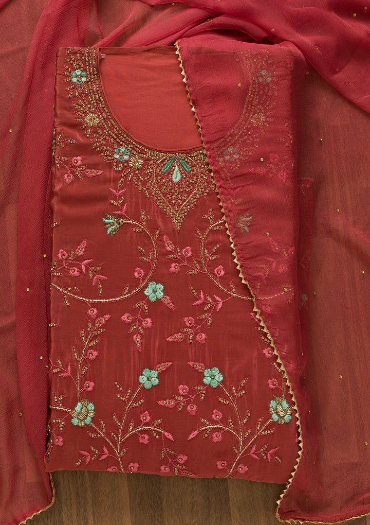 Onion Pink Stonework Semi Crepe Unstitched Salwar Kameez-Koskii