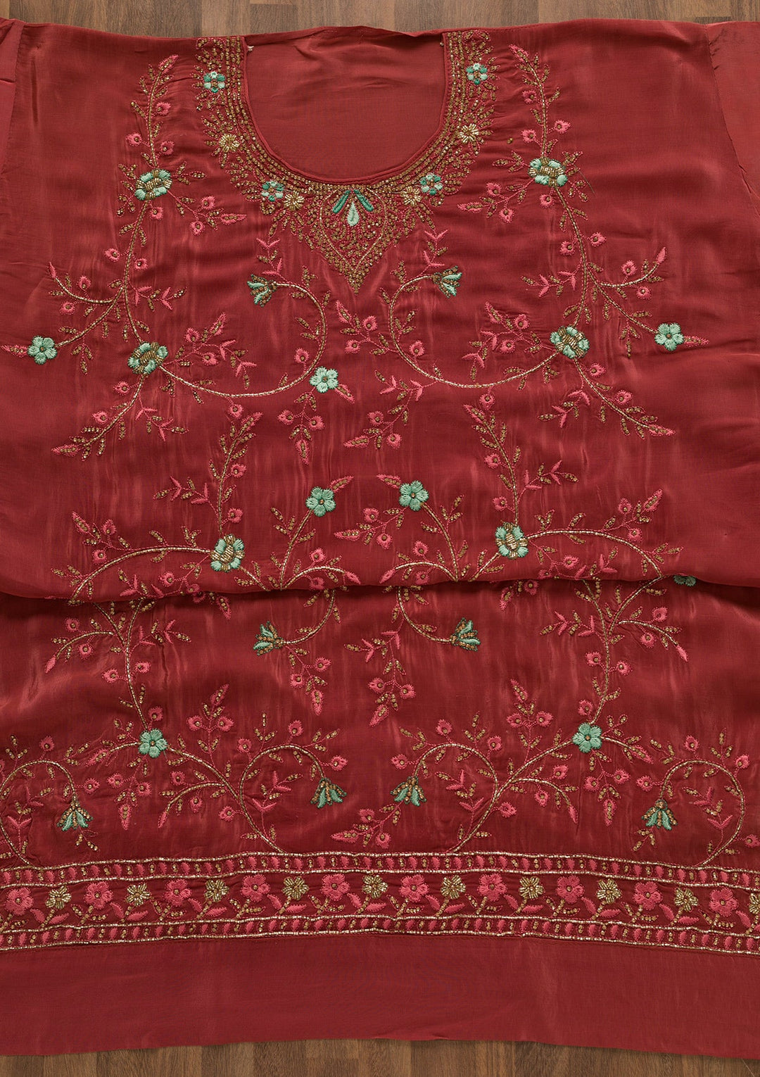 Onion Pink Stonework Semi Crepe Unstitched Salwar Kameez-Koskii