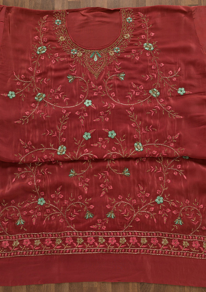 Onion Pink Stonework Semi Crepe Unstitched Salwar Kameez-Koskii
