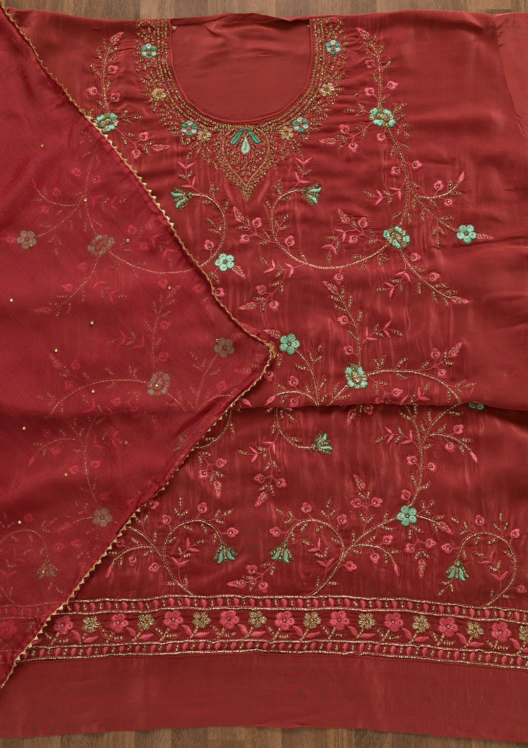 Onion Pink Stonework Semi Crepe Unstitched Salwar Kameez-Koskii