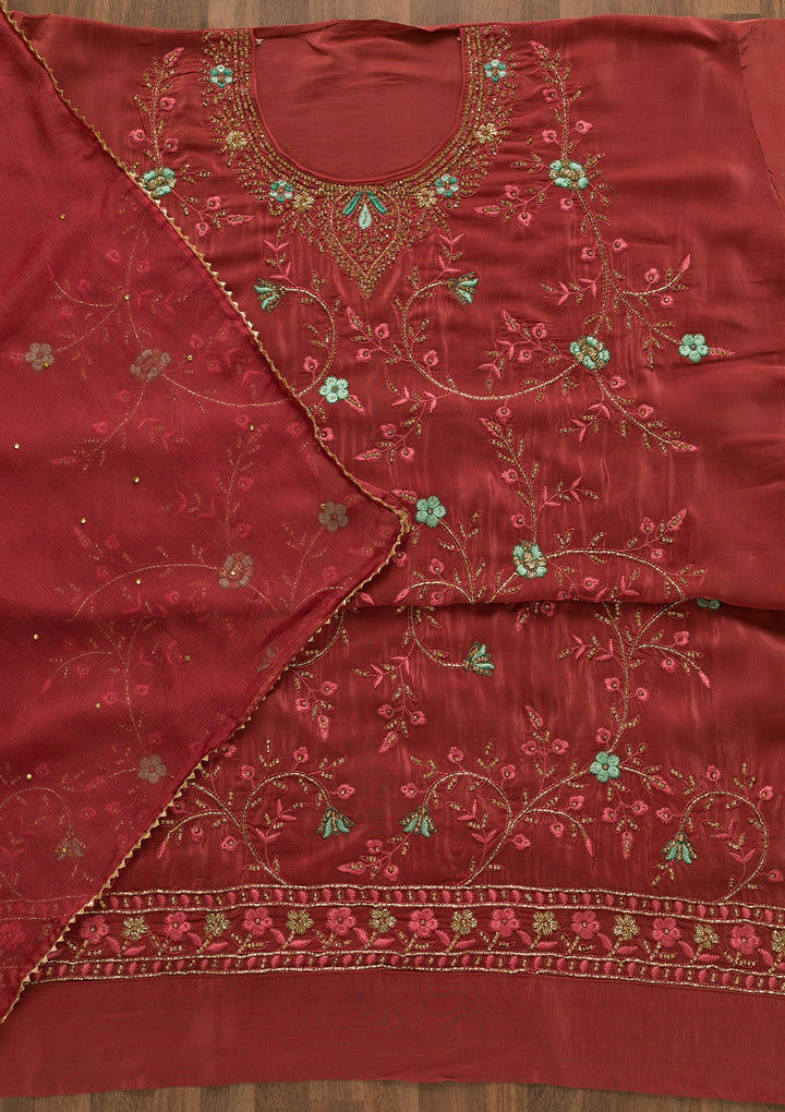 Onion Pink Stonework Semi Crepe Unstitched Salwar Kameez-Koskii