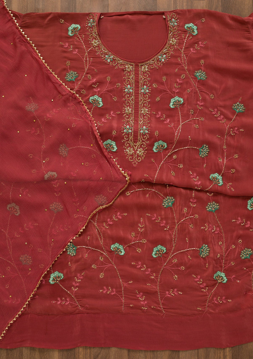 Onion Pink Stonework Semi Crepe Unstitched Salwar Kameez-Koskii