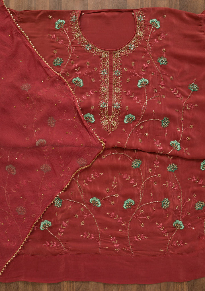 Onion Pink Stonework Semi Crepe Unstitched Salwar Kameez-Koskii