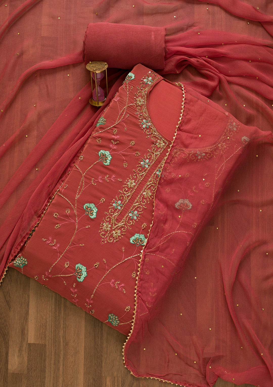 Onion Pink Stonework Semi Crepe Unstitched Salwar Kameez-Koskii