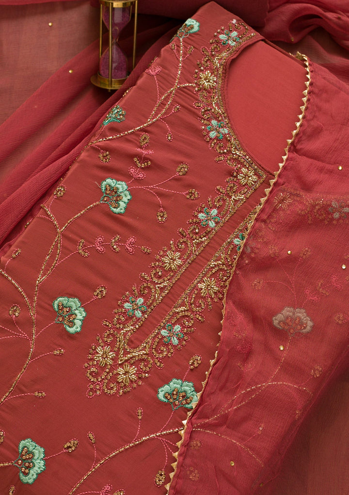 Onion Pink Stonework Semi Crepe Unstitched Salwar Kameez-Koskii