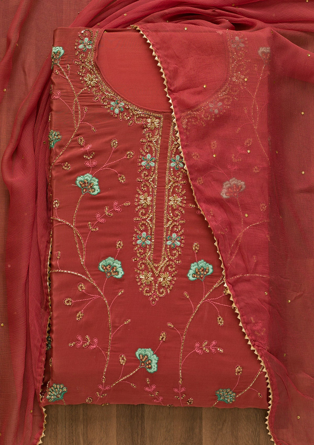 Onion Pink Stonework Semi Crepe Unstitched Salwar Kameez-Koskii