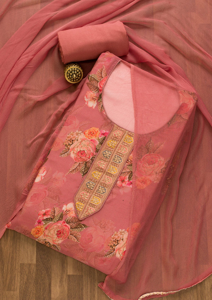 Onion Pink Swarovski Semi Crepe Unstitched Salwar Kameez-Koskii