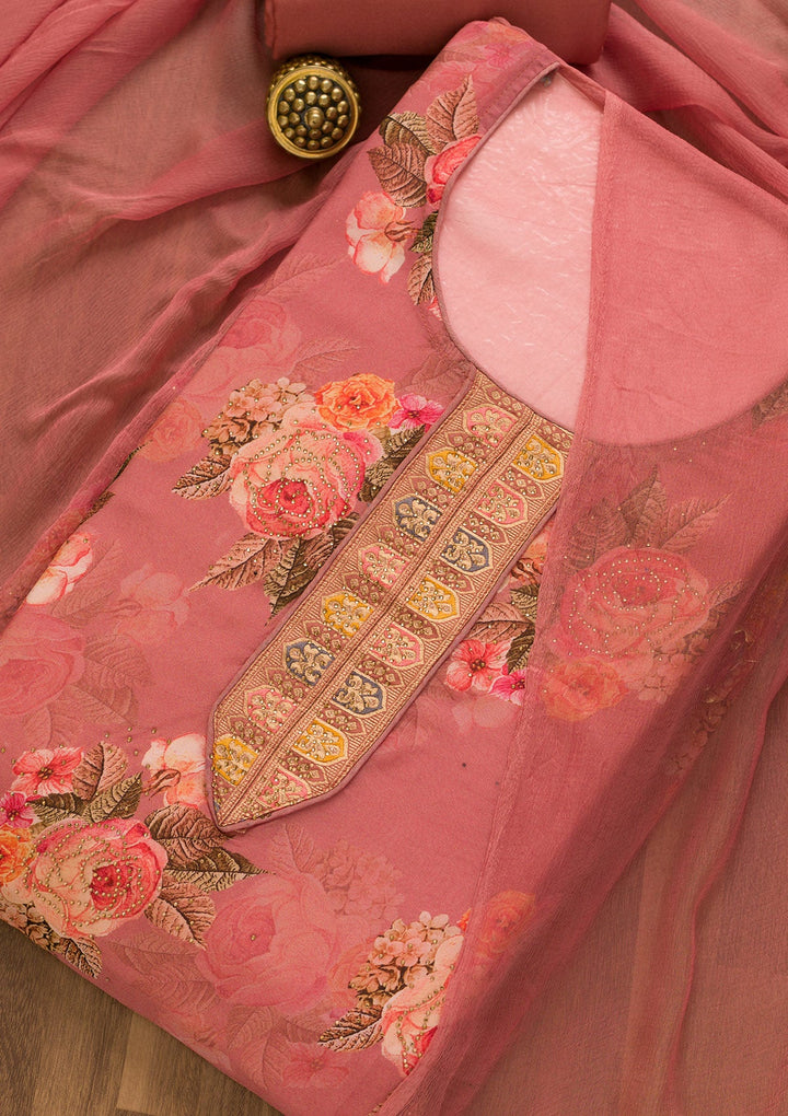 Onion Pink Swarovski Semi Crepe Unstitched Salwar Kameez-Koskii