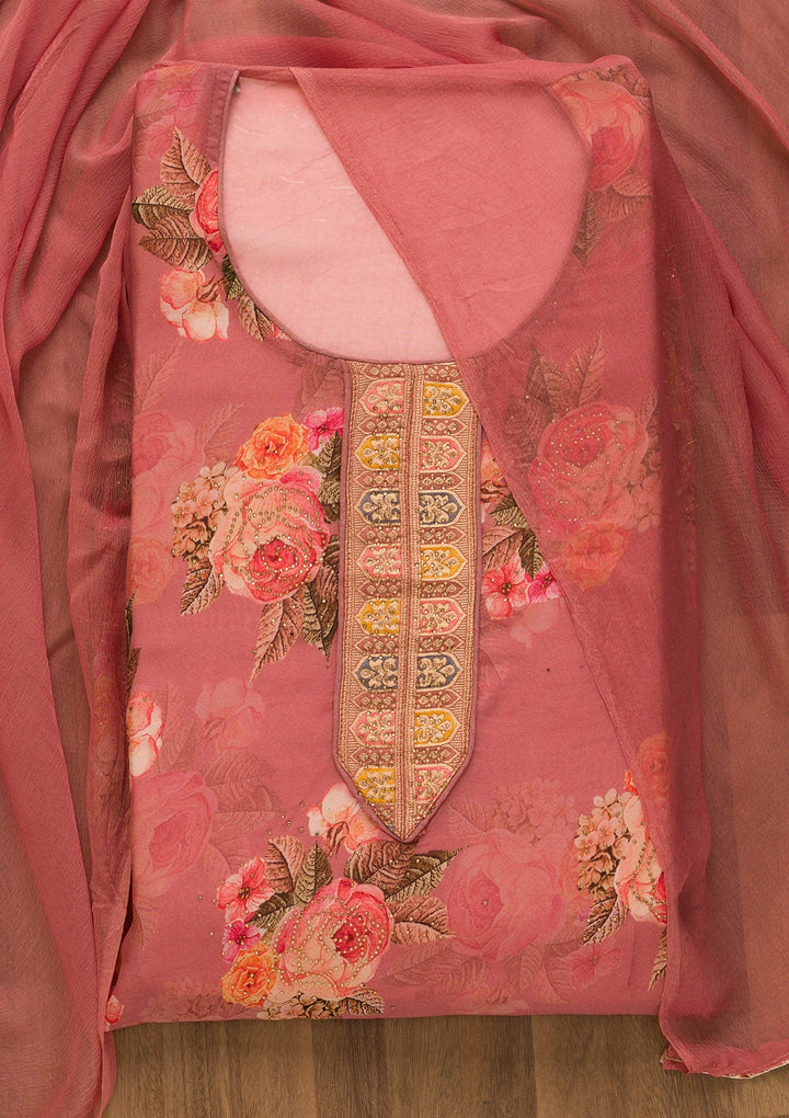 Onion Pink Swarovski Semi Crepe Unstitched Salwar Kameez-Koskii