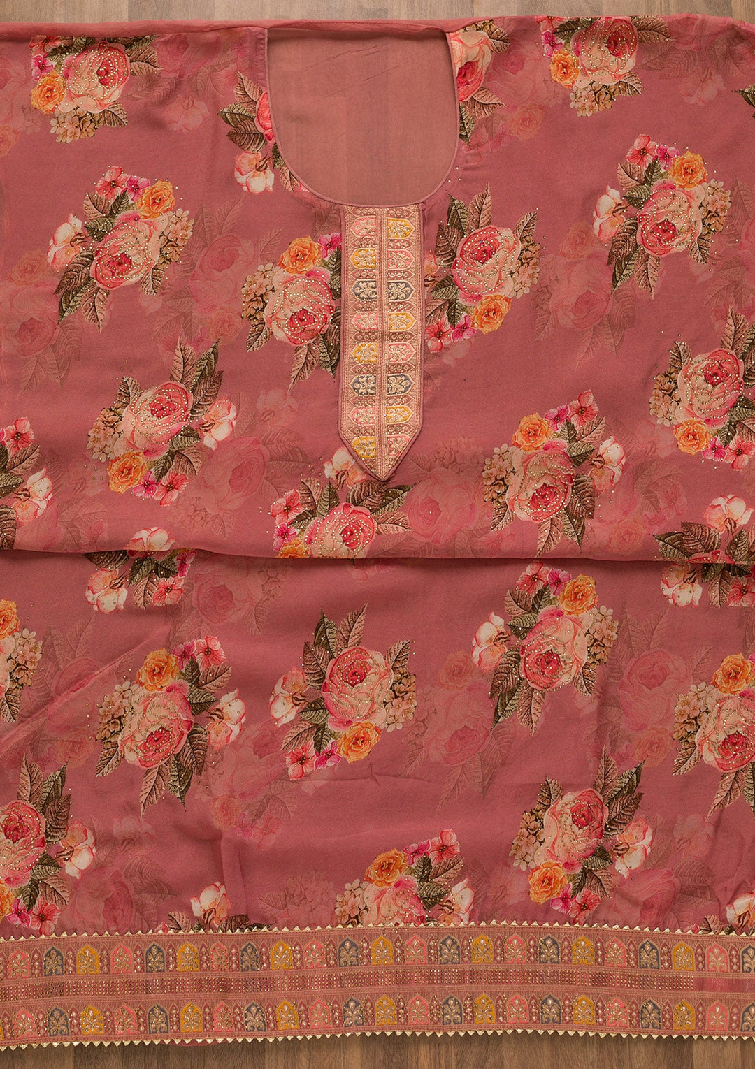 Onion Pink Swarovski Semi Crepe Unstitched Salwar Kameez-Koskii