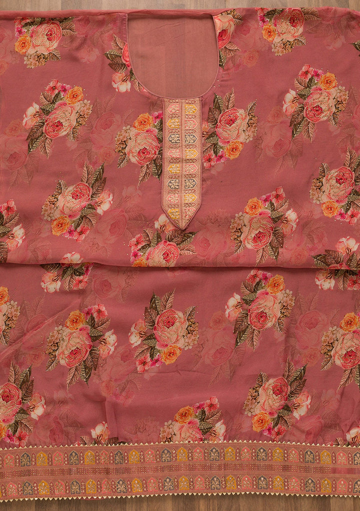 Onion Pink Swarovski Semi Crepe Unstitched Salwar Kameez-Koskii