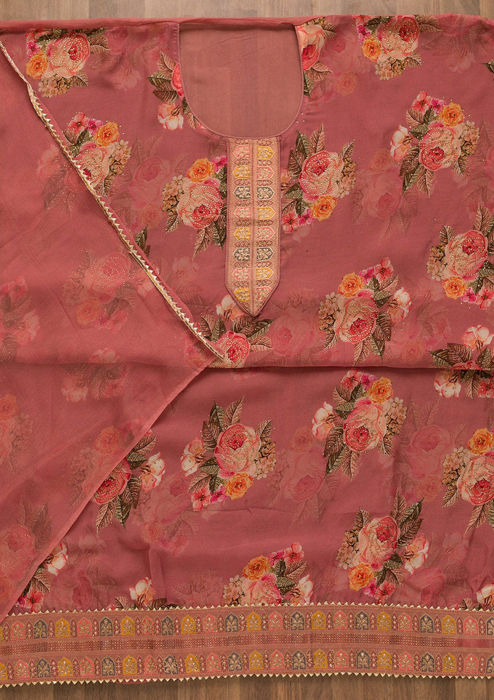 Onion Pink Swarovski Semi Crepe Unstitched Salwar Kameez-Koskii