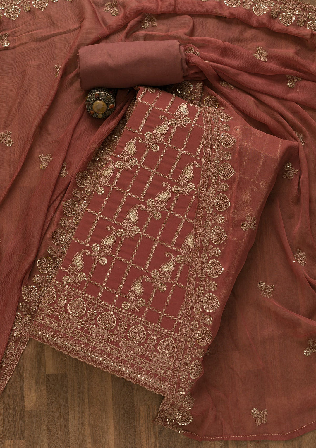 Onion Pink Threadwork Georgette Unstitched Salwar Kameez-Koskii
