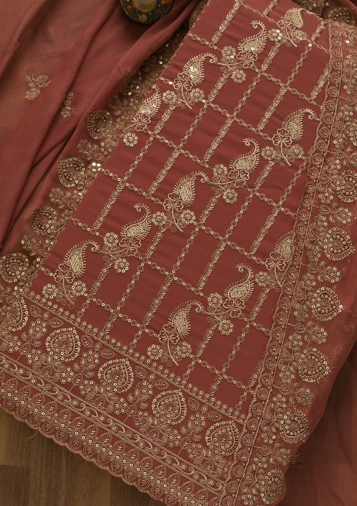 Onion Pink Threadwork Georgette Unstitched Salwar Kameez-Koskii