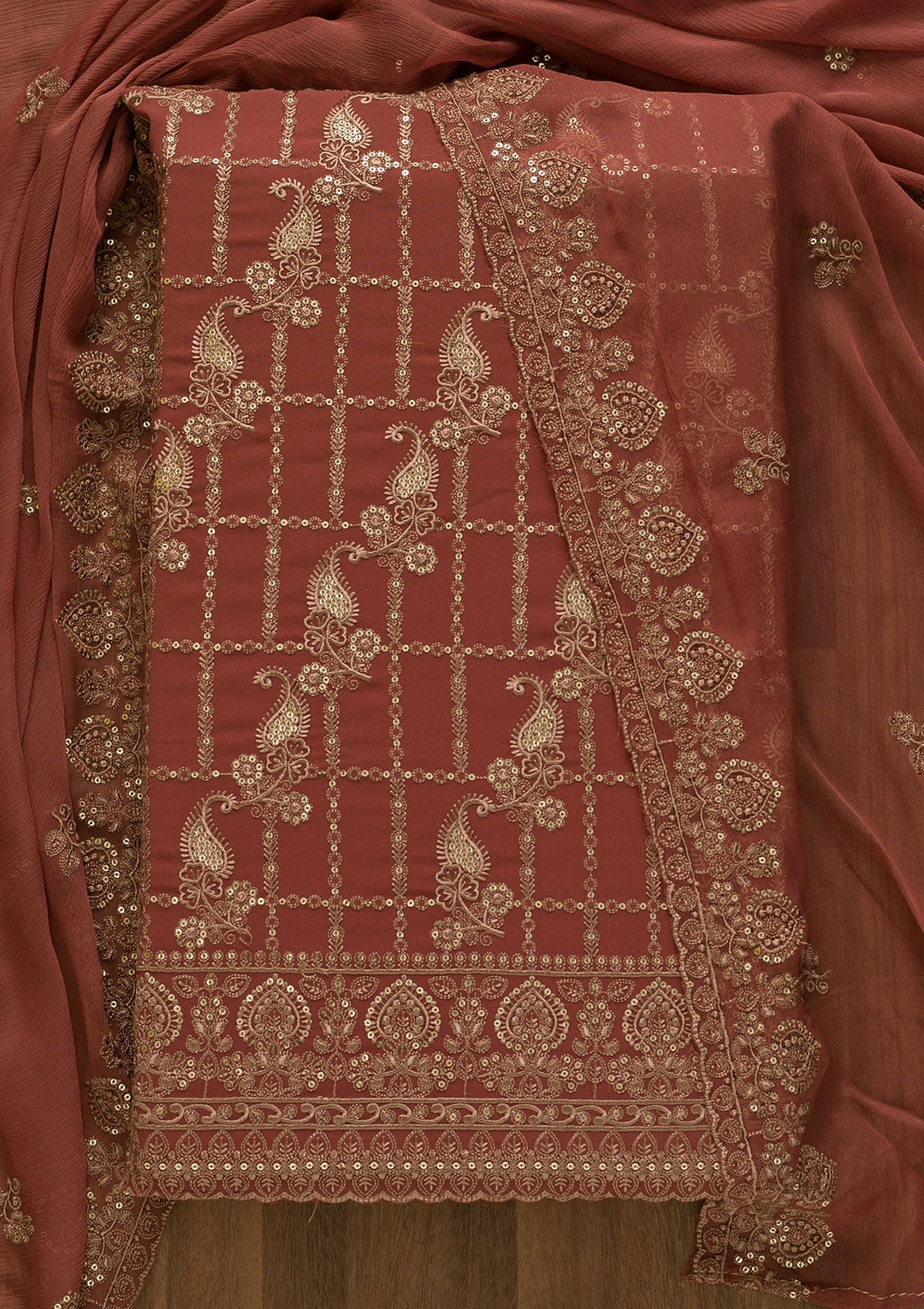 Onion Pink Threadwork Georgette Unstitched Salwar Kameez-Koskii