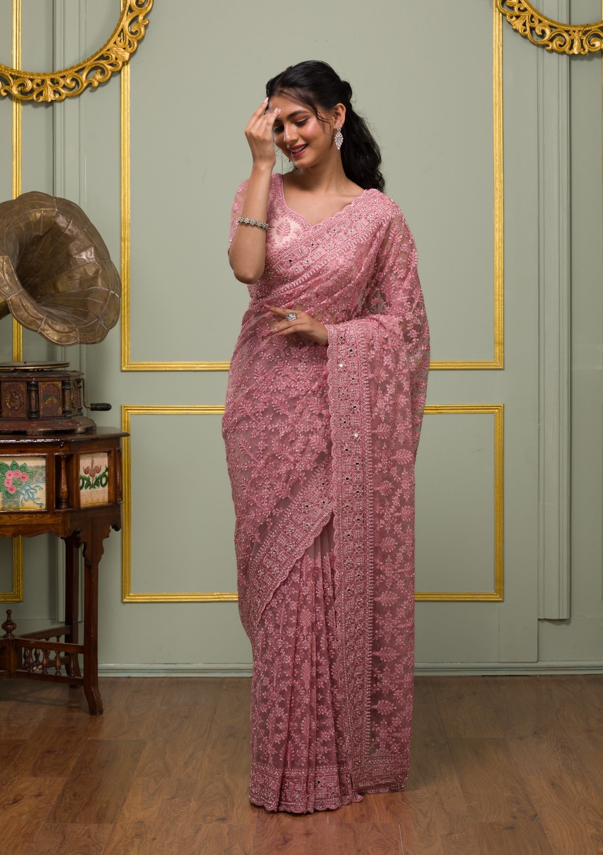 Onion Pink Threadwork Net Saree-Koskii