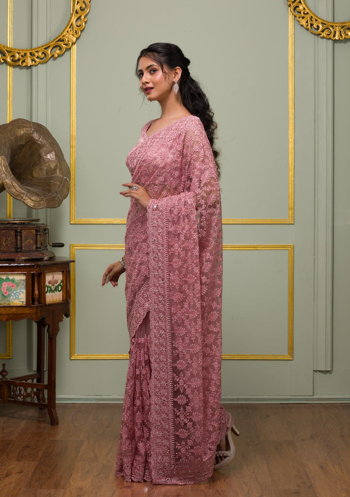 Onion Pink Threadwork Net Saree-Koskii
