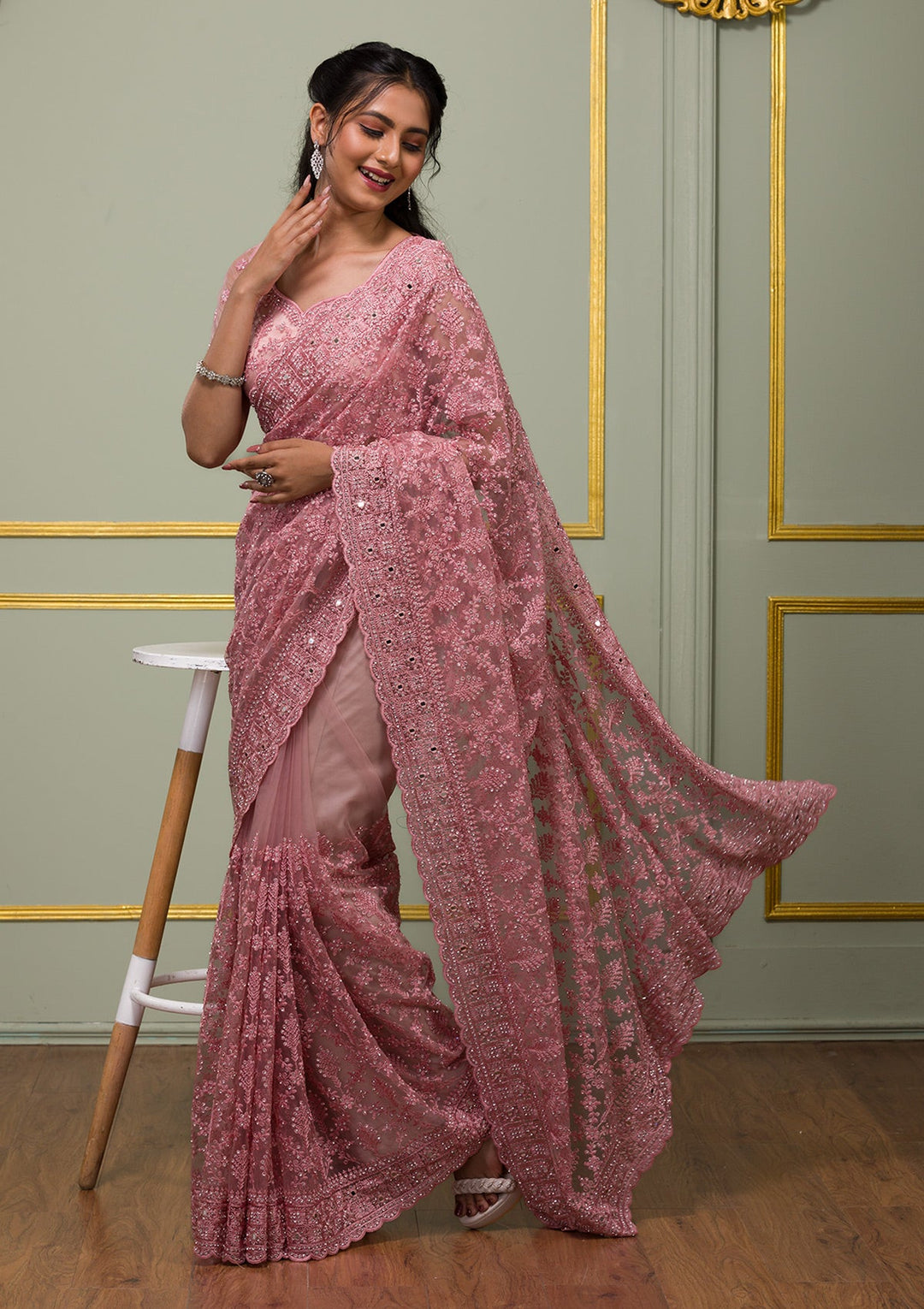 Onion Pink Threadwork Net Saree-Koskii