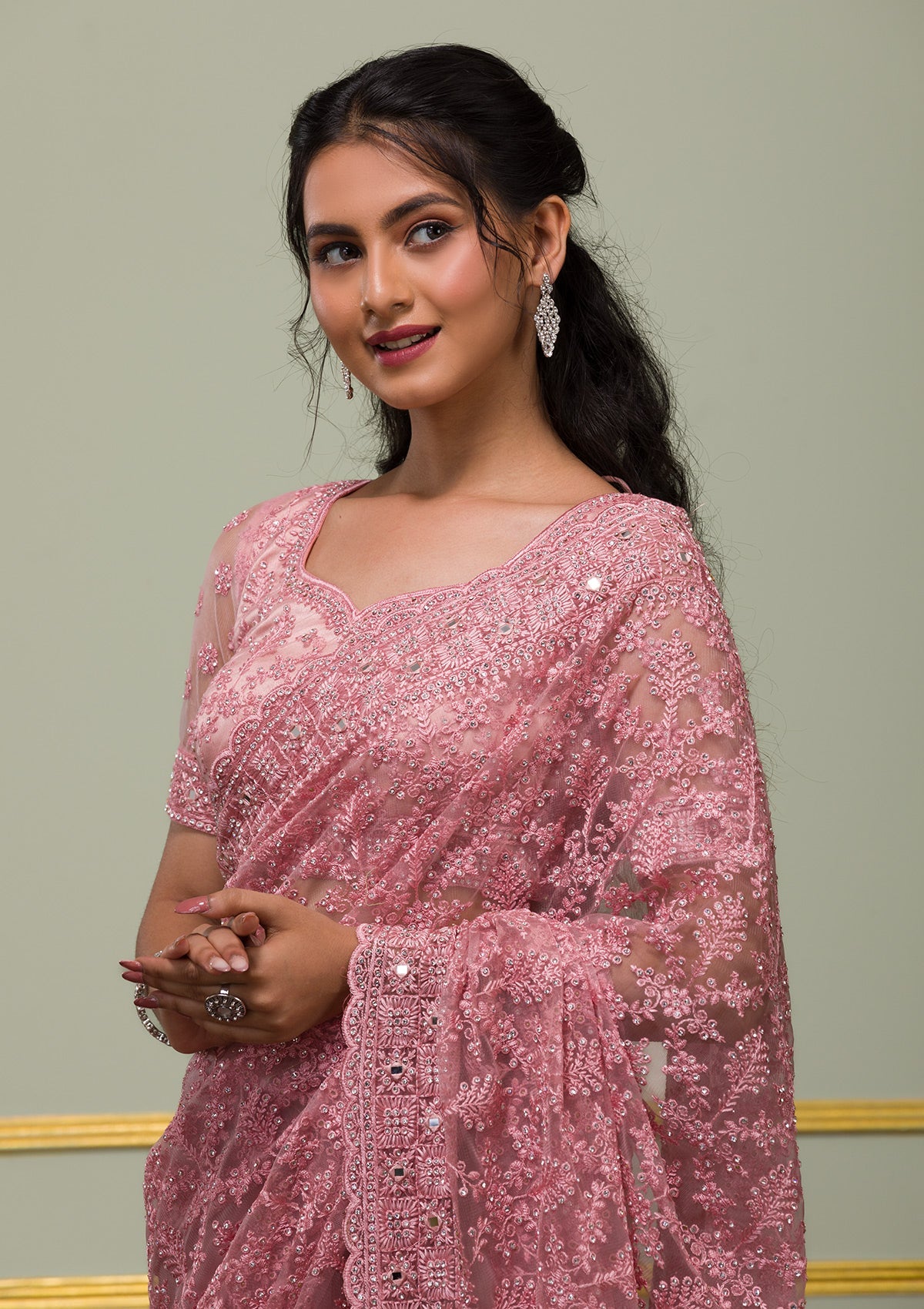 Onion Pink Threadwork Net Saree-Koskii