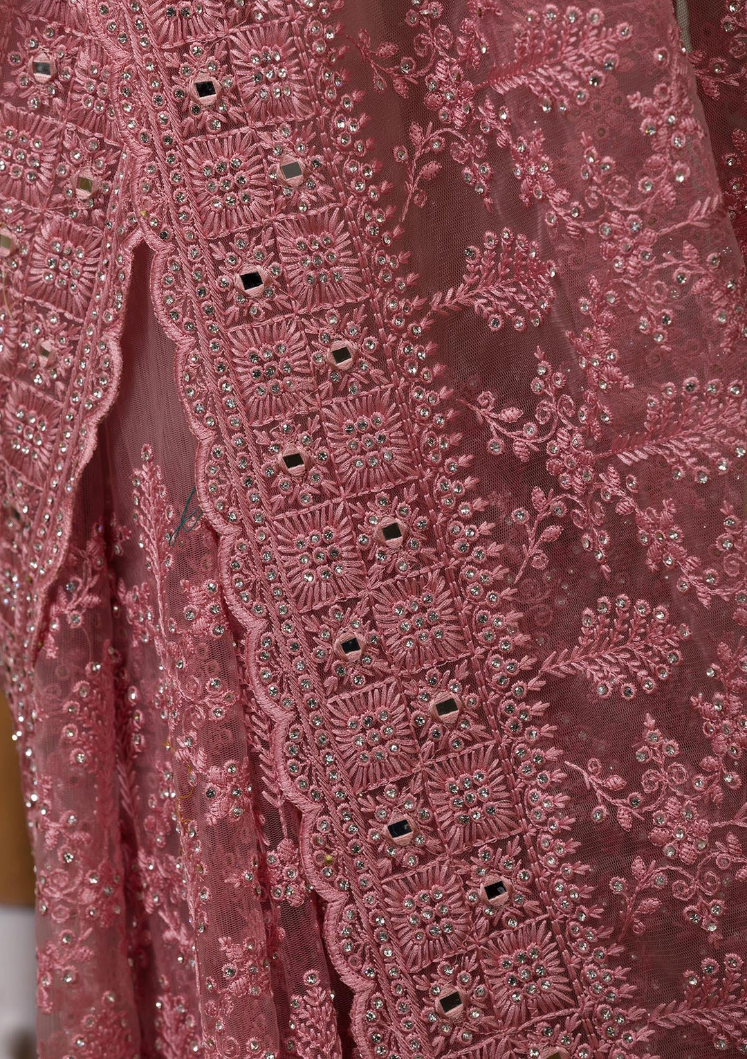 Onion Pink Threadwork Net Saree-Koskii