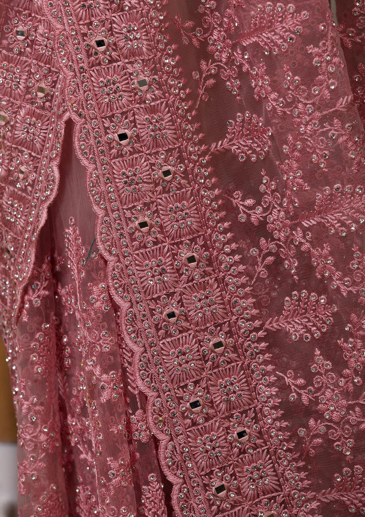 Onion Pink Threadwork Net Saree-Koskii