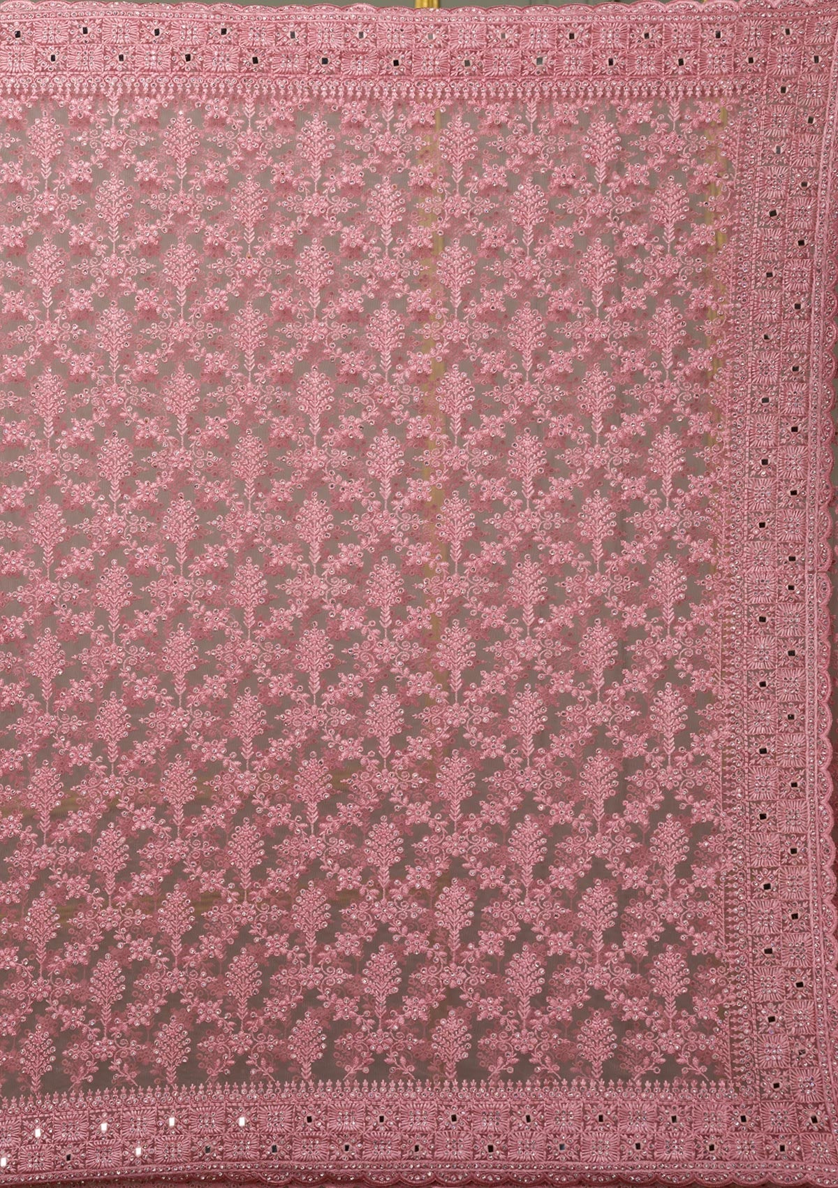 Onion Pink Threadwork Net Saree-Koskii