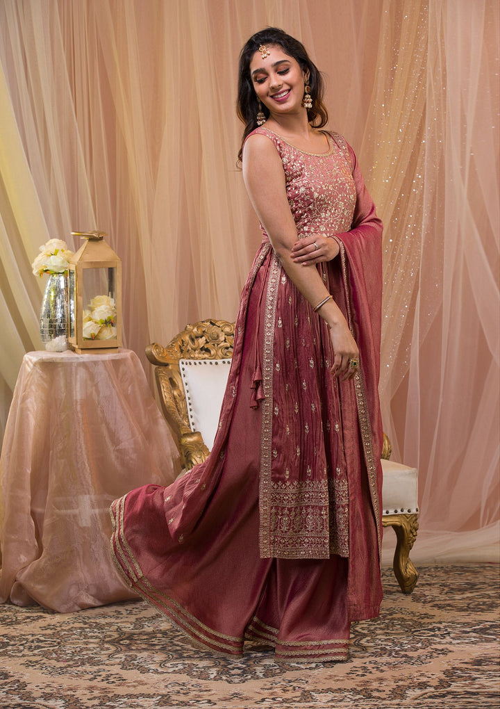 Onion Pink Zariwork Art Silk Readymade Salwar Kameez-Koskii