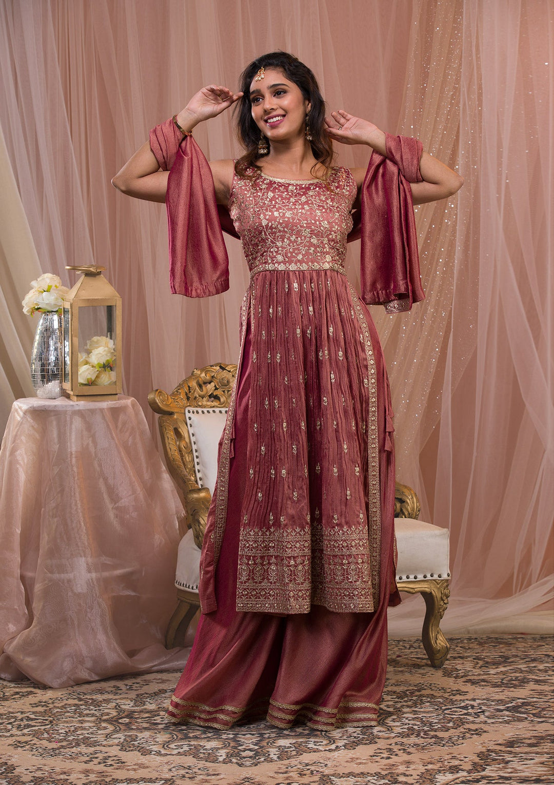 Onion Pink Zariwork Art Silk Readymade Salwar Kameez-Koskii