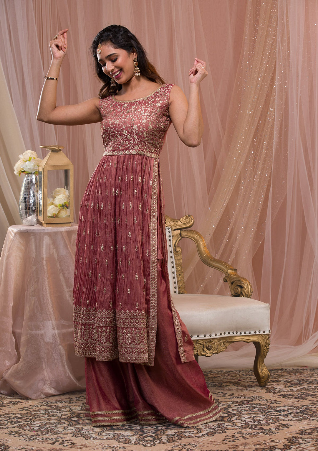 Onion Pink Zariwork Art Silk Readymade Salwar Kameez-Koskii