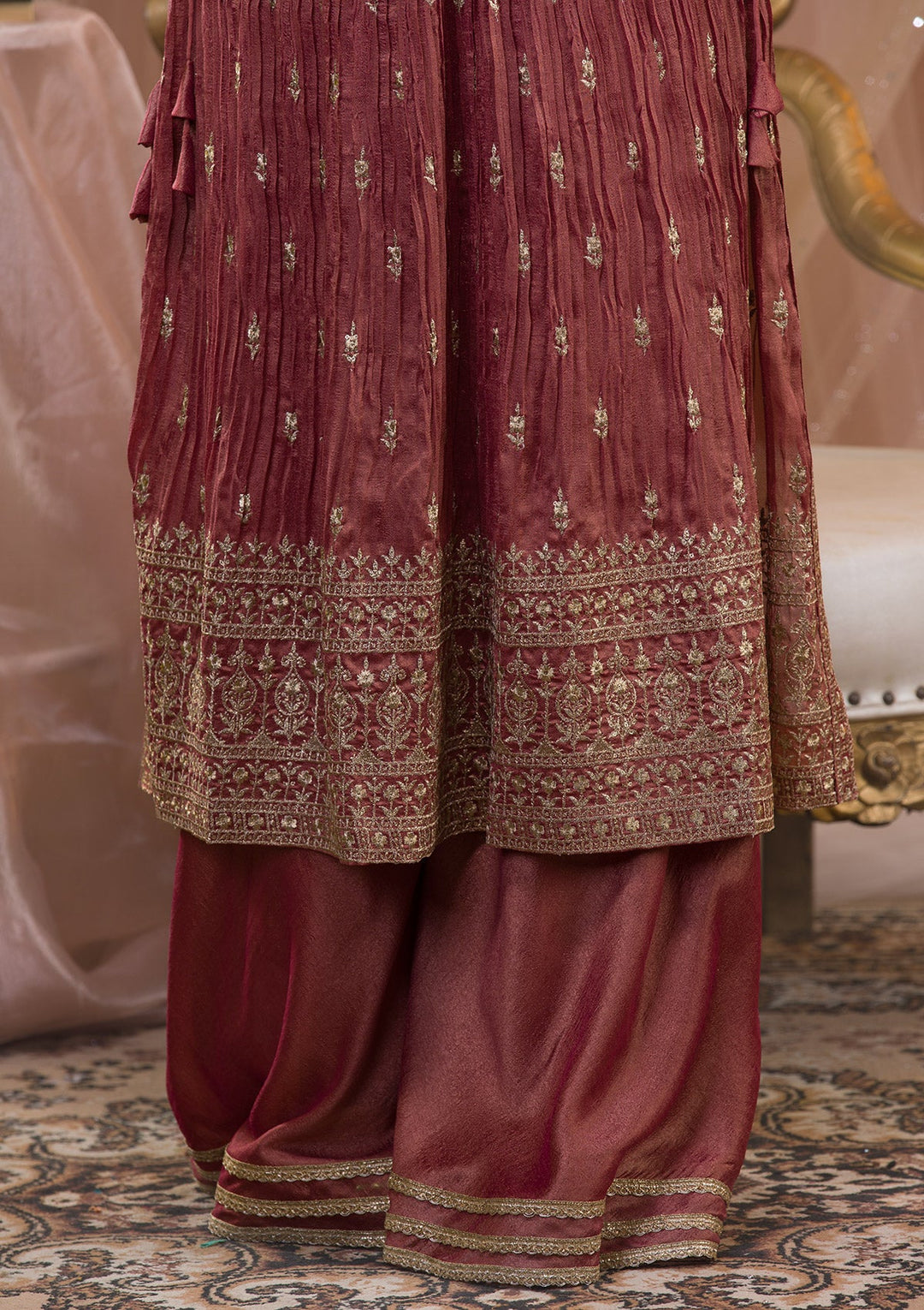 Onion Pink Zariwork Art Silk Readymade Salwar Kameez-Koskii