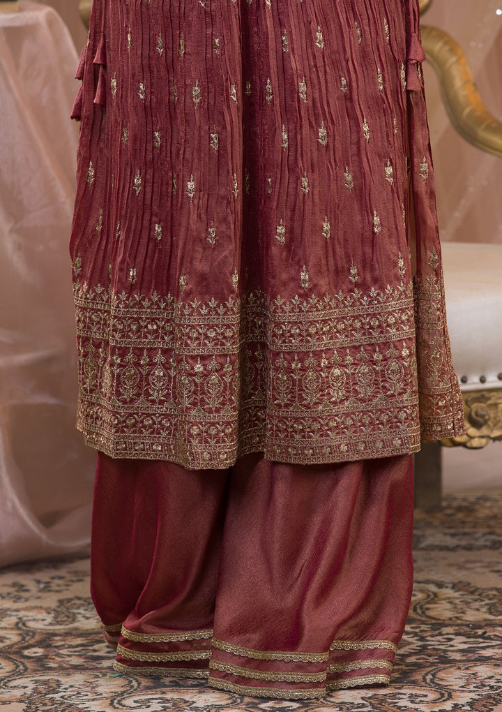 Onion Pink Zariwork Art Silk Readymade Salwar Kameez-Koskii