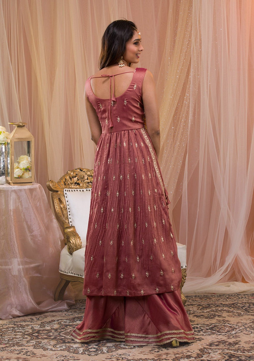 Onion Pink Zariwork Art Silk Readymade Salwar Kameez-Koskii