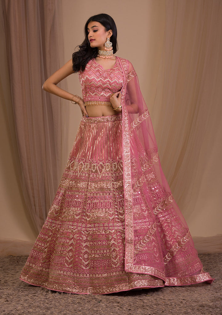 Onion Pink Zariwork Net Readymade Lehenga-Koskii