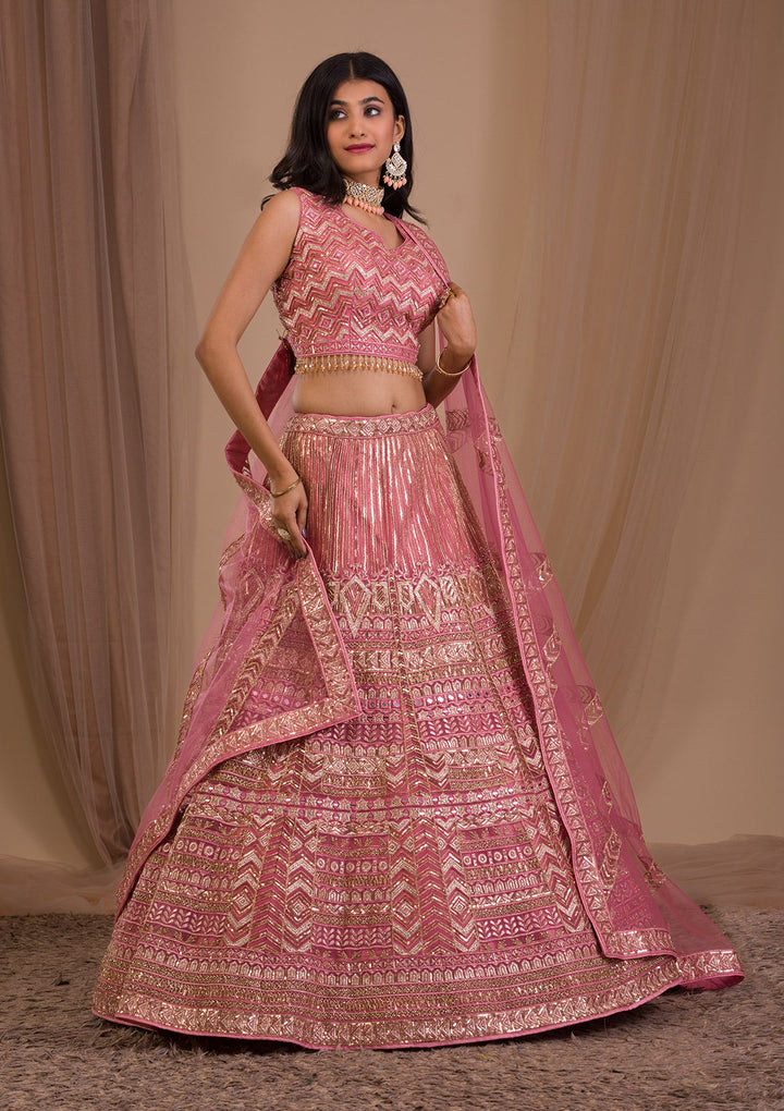 Onion Pink Zariwork Net Readymade Lehenga-Koskii