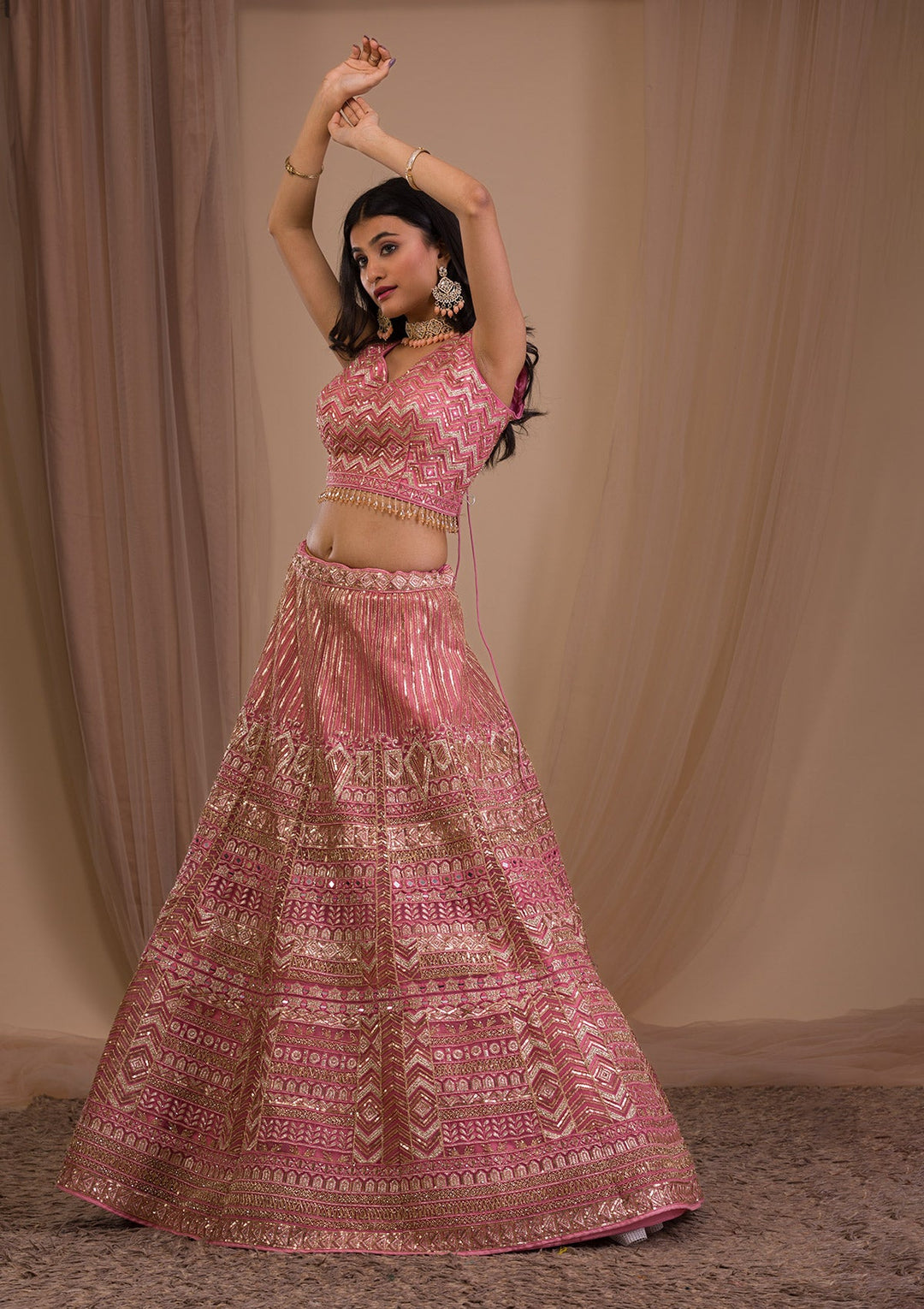 Onion Pink Zariwork Net Readymade Lehenga-Koskii