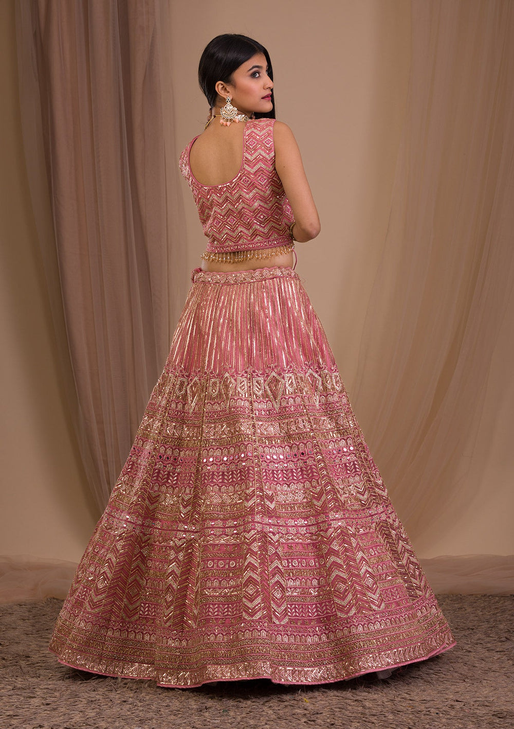 Onion Pink Zariwork Net Readymade Lehenga-Koskii