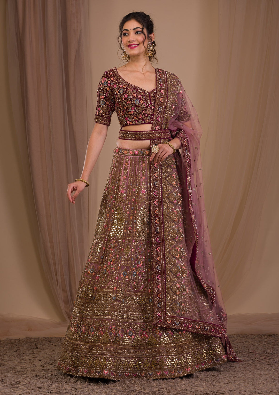 Onion Pink Zariwork Raw Silk Readymade Lehenga-Koskii