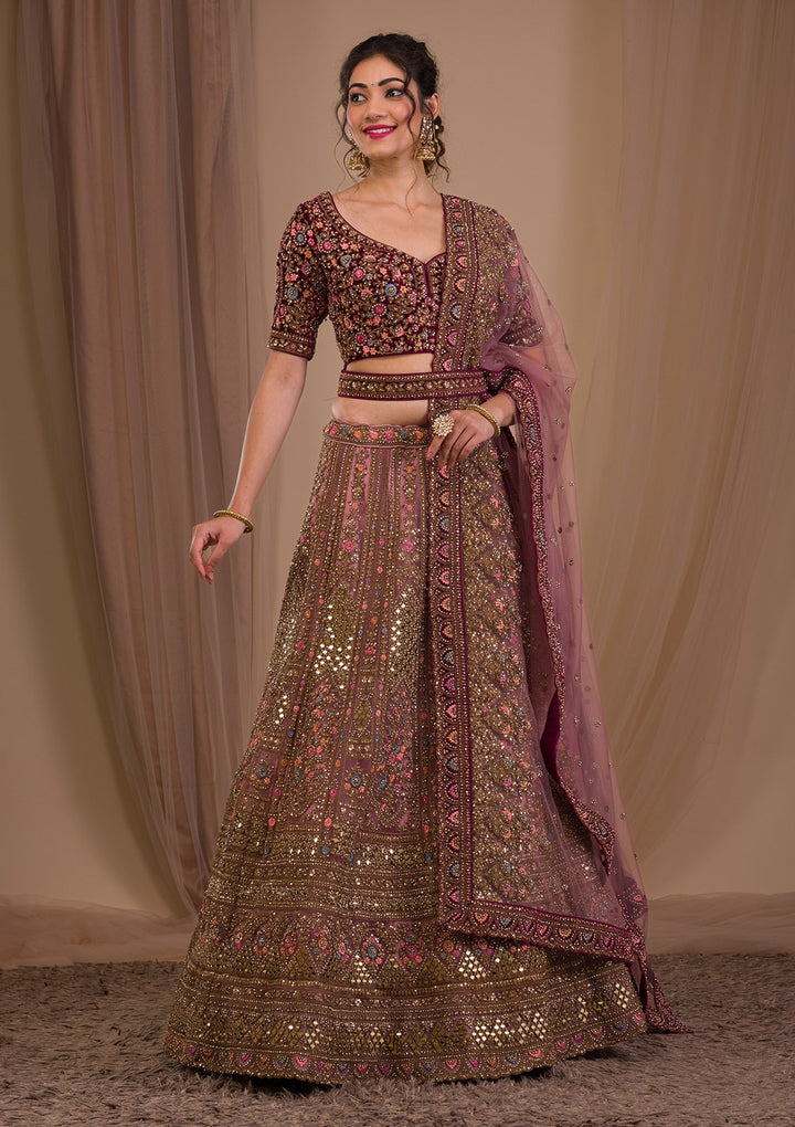 Onion Pink Zariwork Raw Silk Readymade Lehenga-Koskii