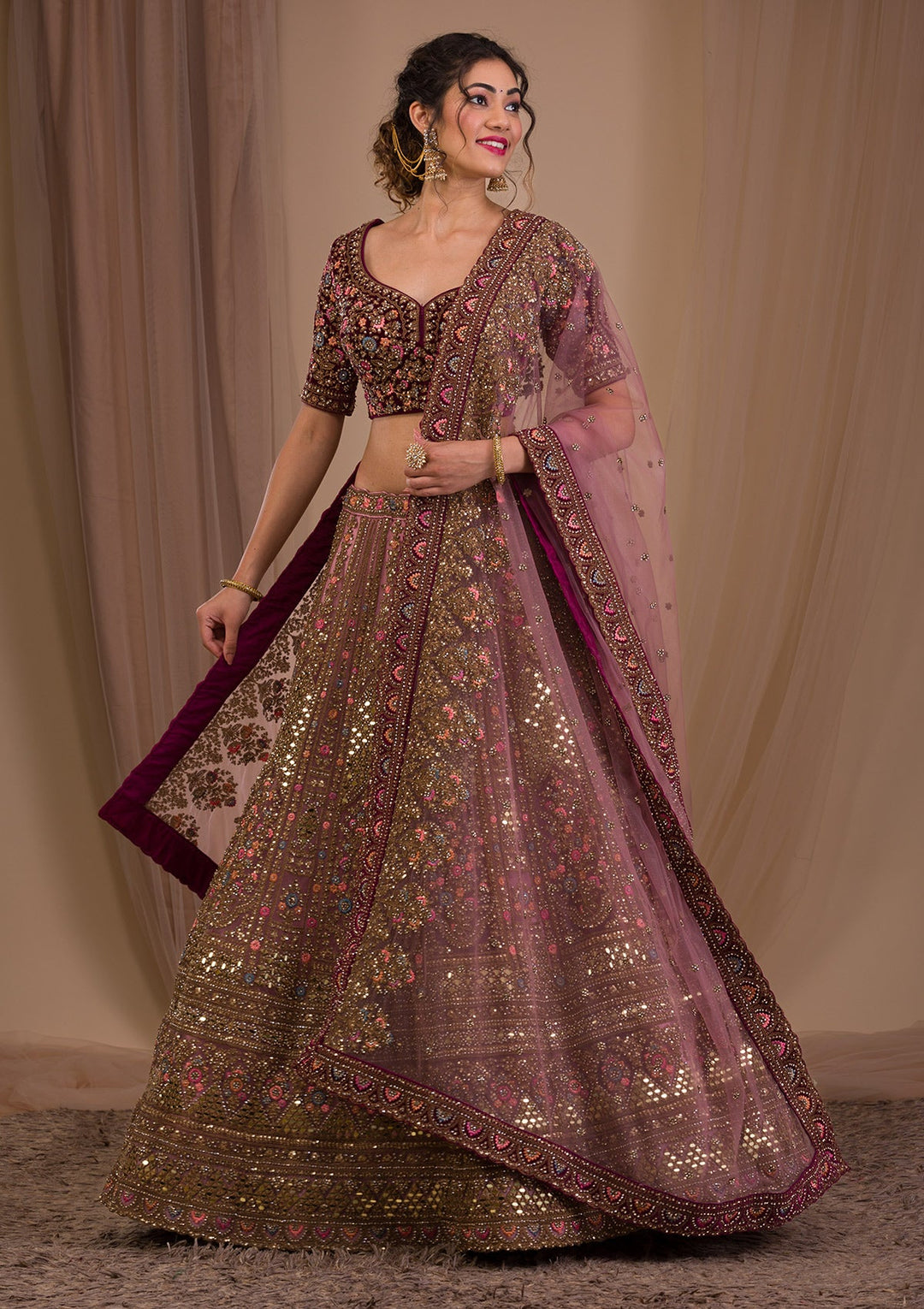 Onion Pink Zariwork Raw Silk Readymade Lehenga-Koskii